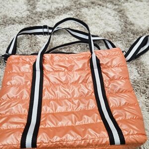 Boutique 9 Quilted Coral Orange Tote with Striped Handles
